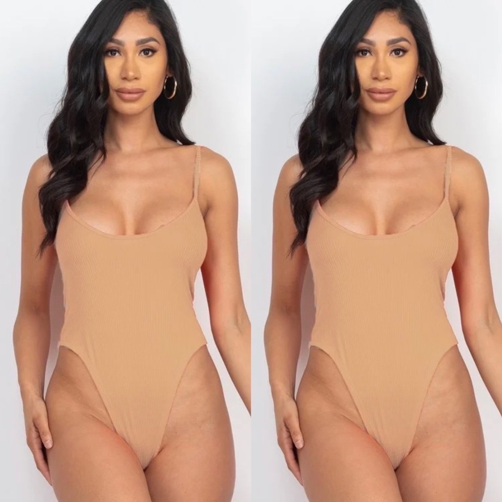 BASIC LATTE RIBBED KNIT SKINNY STRAP CAMI THONG BODYSUIT